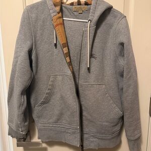 Burberry Gray Hoodie with Tan Plaid Accents